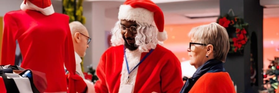 Salarié déguisé en Père Noël, badge autour du cou, discutant avec une cliente dans un magasin de vêtements décoré pour Noël